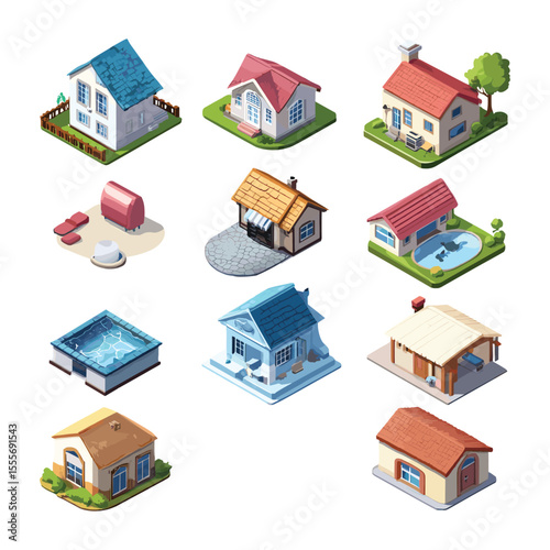 Collection of colorful isometric houses and buildings for games or maps