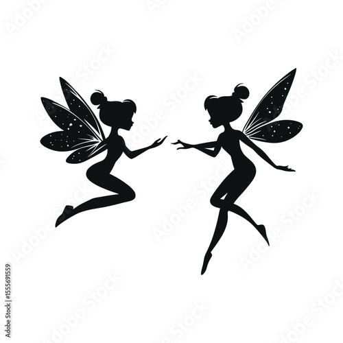 Silhouette of two cute flying fairies or pixies