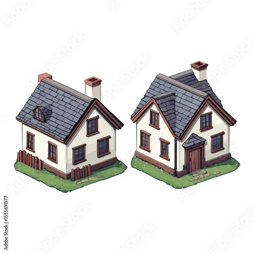 Two detailed isometric cottage style houses with fences