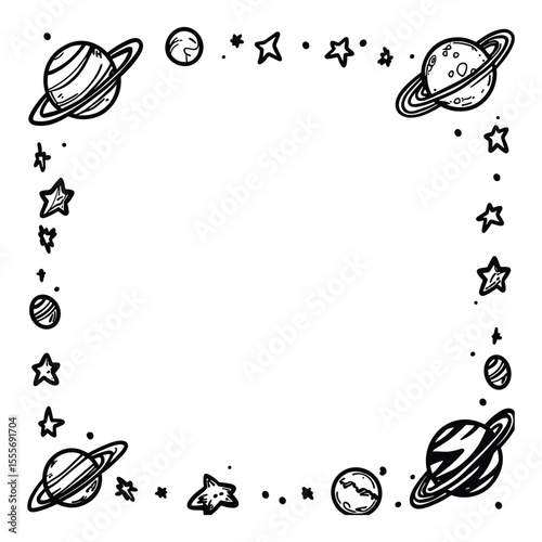 Hand-drawn square frame with space doodles of planets and stars