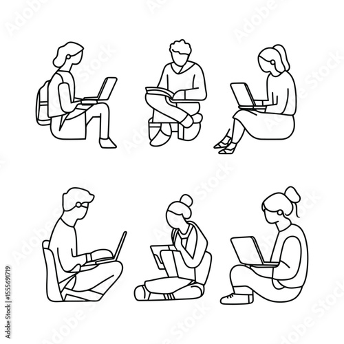 Collection of line art characters studying or working with laptops and books