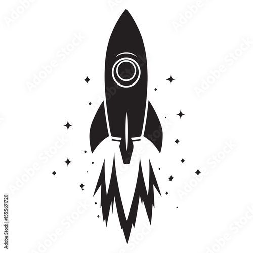 Realistic Flying rocket black and white drawing silhouette vector art design 