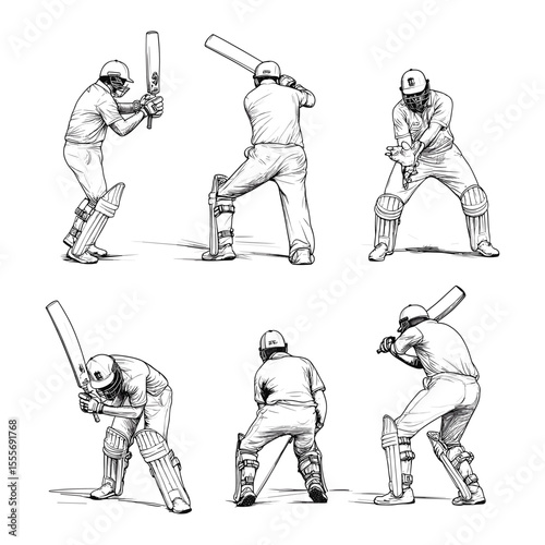 Hand-drawn sketch collection of cricket players in various poses