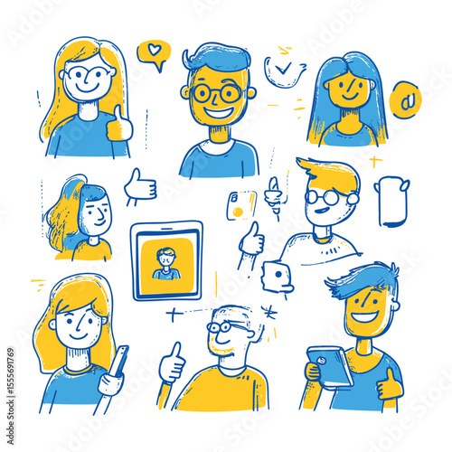 Doodle illustration set of happy characters giving thumbs up