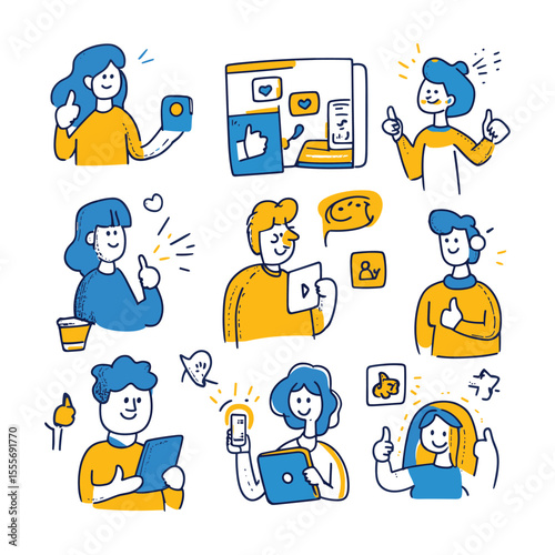 Hand-drawn doodle set of characters showing approval and social media likes