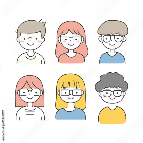 Set of cute and simple cartoon doodle avatars of boys and girls