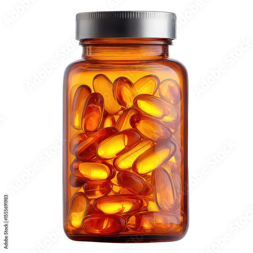 A glass jar filled with amber-colored capsules, showcasing the vibrant hue and transparency of the supplements inside, ideal for health and wellness discussions.