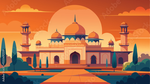 Artistic depiction of a building with towers and domes at sunset landscape illustration