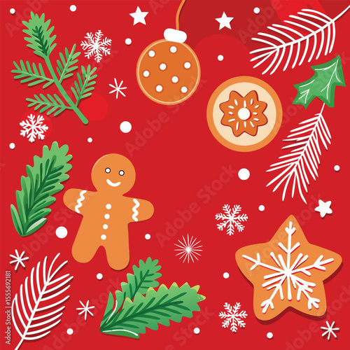Red Christmas gingerbread background. Xmas design with winter cookies, fir branches, snowflakes and snow. Empty space for your text. Template for cards, banner, poster.
