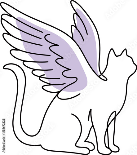 Winged Cat with Purple Wings sitting gracefully and poised 