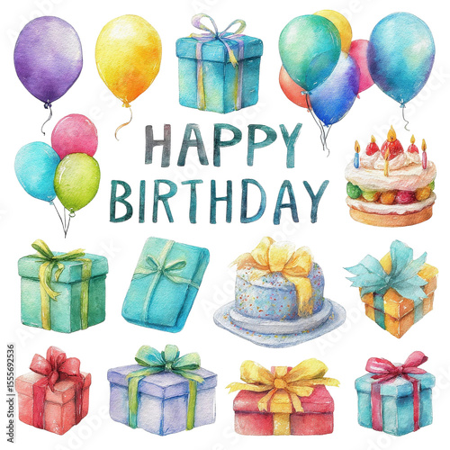 Festive Birthday Celebration with Colorful Balloons, Wrapped Gifts, and a Delicious Cake, Perfect for Celebratory Events and Invitations
