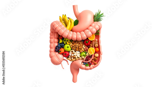 Healthy Stomach Filled with Nuts and Fruits on White Background