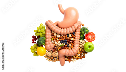 Healthy Stomach Filled with Nuts and Fruits on White Background