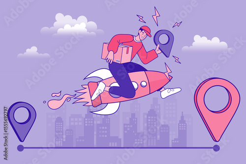 E-commerce advertising illustration. fast online delivery service. Hands holding a package box with groceries out of mobile screen. Food delivery.