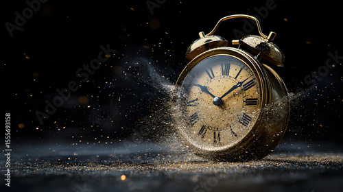 Fleeting time concept. Analog clock dissolving on black background