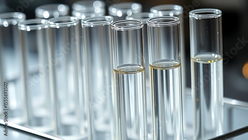 Glass Test Tubes with Liquid Refraction in Metallic Rack