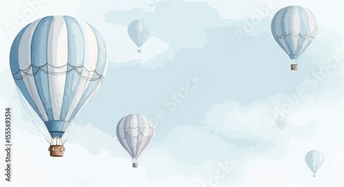 A dreamy watercolor scene featuring colorful hot air balloons floating gently across a pastel sky, evoking a sense of wonder and calm