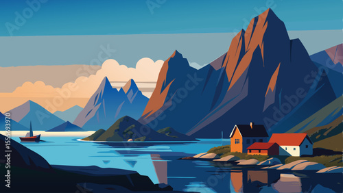 Houses by the water with mountains and boat in the distance landscape illustration