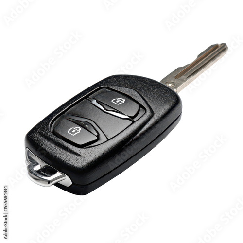 Close-Up of a Modern Car Key Fob with Lock and Unlock Buttons on a Clean Background, Showcasing Keyless Entry Technology and Design