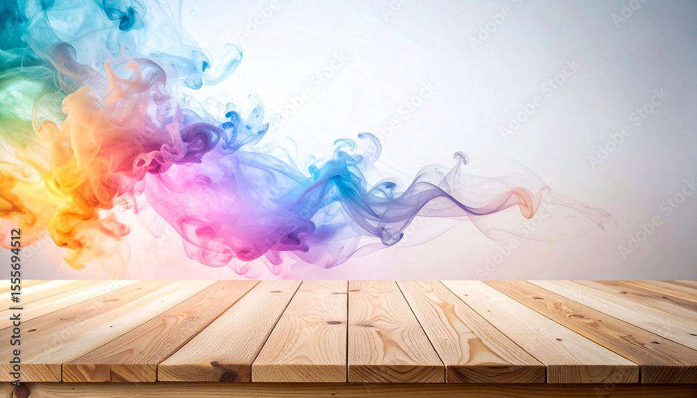 Fototapeta premium Close-up of a wooden empty table with colorful smoke effects and abstract glowing lights.