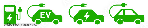 電気自動車・EV・エコカーと充電スタンドのアイコンイラスト緑