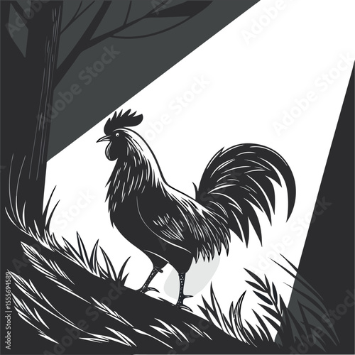 High-Contrast Digital Artwork Majestic Black Cockerel in Spotlight