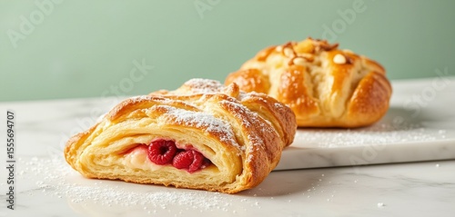Flaky Danish pastries with almond and raspberry fillings