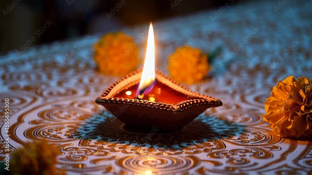 Burning diya oil lamp with marigold flower for diwali festival celebration