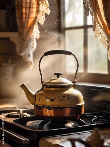 Vintage kettle releasing steam on a warm sunlit morning in a cozy kitchen setting