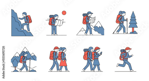 Hiking Illustrations: Diverse Poses of Hikers with Backpacks and Mountain Scenery
