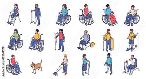 Isometric Disabled People Set: Wheelchairs, Prosthetics, Crutches, and Assistance Dog
