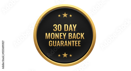 30 Day Money Back Guarantee Black and Gold Round Badge with Stars.
