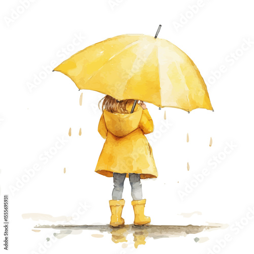 Child Yellow Umbrella Rain, watercolor illustration vector, isolated on a white background.