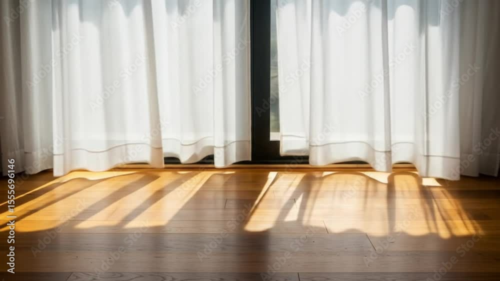 Sunlit curtains cast shadows on wood
