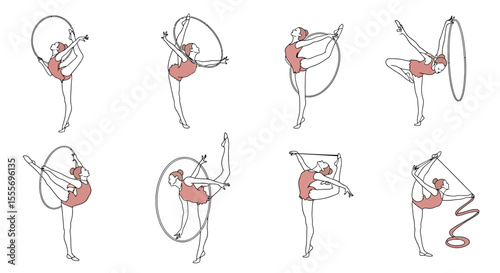 Artistic Gymnastics Poses: Illustrated Female Athletes with Hoops and Ribbons