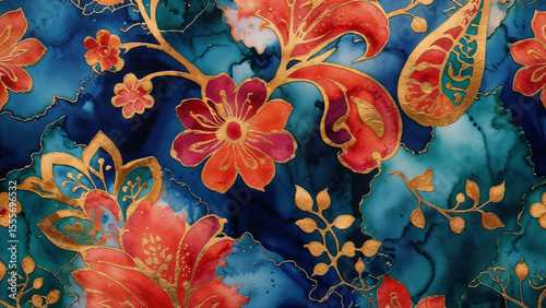 Elegant floral batik with gold-lined details on deep blue and red watercolor background, richly textured.