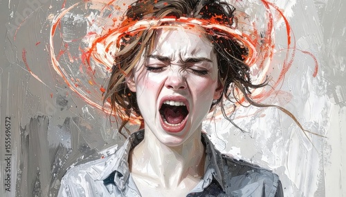 A woman screams in anguish as red energy radiates from her head in an emotional display art
