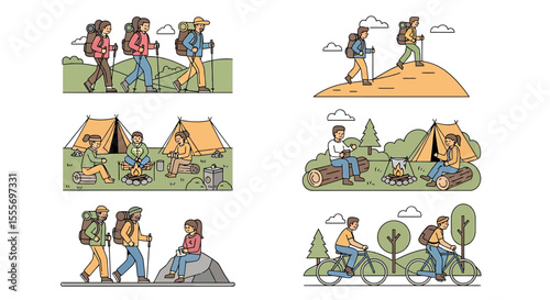 Camping and Hiking Illustration Set: People Backpacking, Campfire, Biking, and Relaxing in Nature