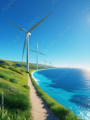 Coastal Wind Farm Serenity with Turquoise Waters and Green Hills Under Blue Sky
