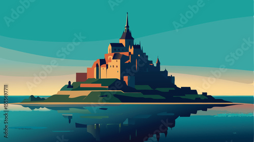 Artistic rendering of a castle on an island surrounded by water landscape illustration