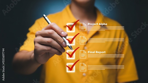 Person marking checklist with pen on digital screen hand