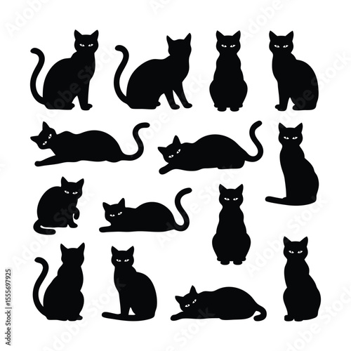 Twelve black cat silhouettes in various poses, including sitting, standing, and lying down.