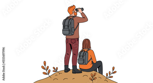 Couple Hiking with Backpacks, Man Using Binoculars, Vector Illustration