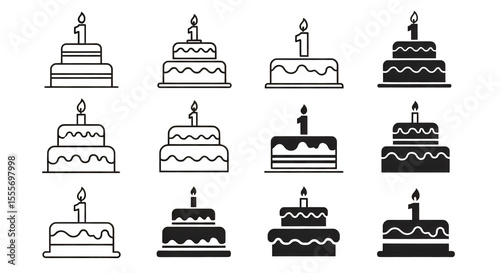 Collection of Birthday Cakes with Number One Candles Black and White.