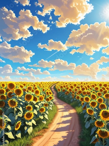 A winding path through a vast sunny field of golden sunflowers under a brilliant blue sky