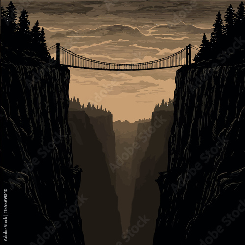 Bridge in the canyon: A suspension bridge stretches across a dramatic canyon, silhouetted against a moody sky. The image evokes a sense of adventure and the beauty of the natural world.