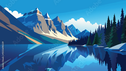 A scenic vista of mountains reflected in a serene body water landscape illustration