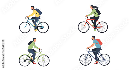 Four Cyclists with Backpacks Riding Bicycles in Different Colors and Styles on White Background