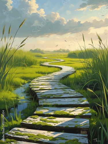 Winding wooden boardwalk path through a vibrant green marsh under a serene sky with fluffy clouds