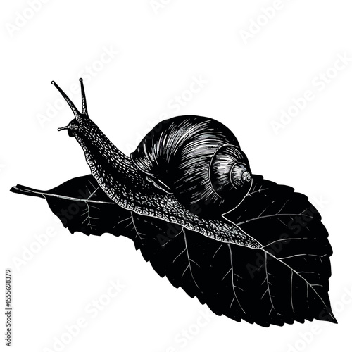Snail on leaf: An artistic illustration of a snail gracefully traversing a textured leaf, a study in contrasts in a tranquil monochrome composition.